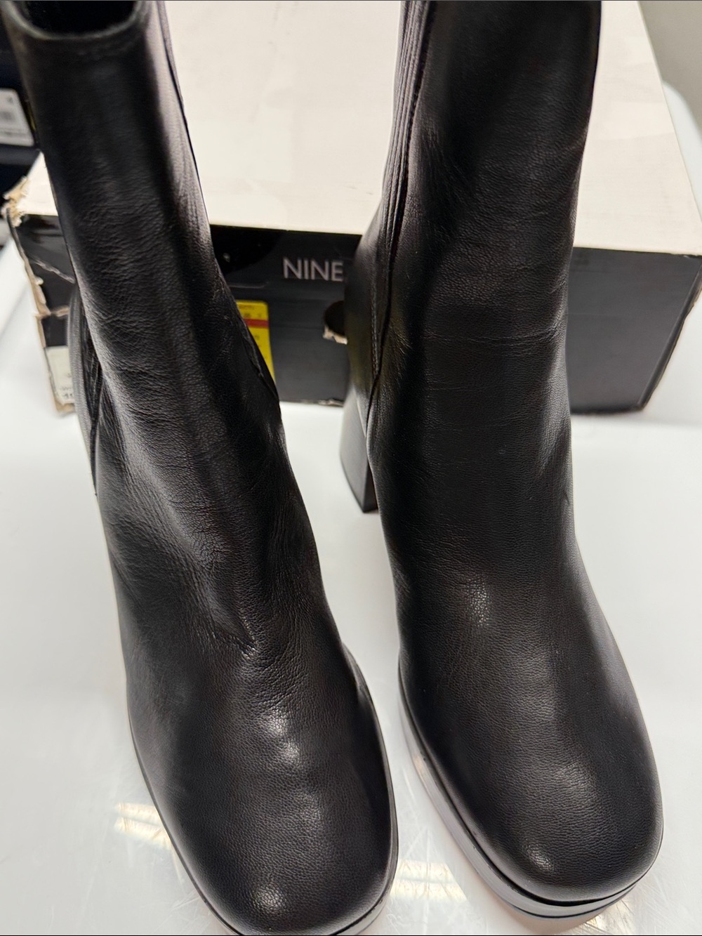Nine West EDS Black Leather Block Heel Ankle Boots SZ 10M